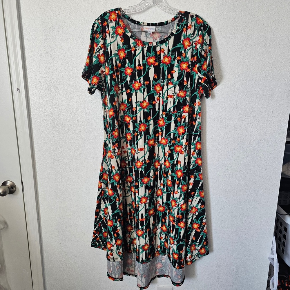 LuLaRoe Carly Dress Large Floral Geometric Stripe High Low Swing Short Sleeve